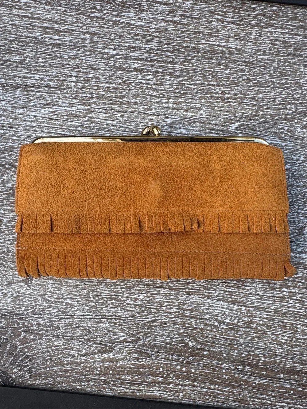 Vintage Suede Fringe Clutch Wallet in Cognac Brown